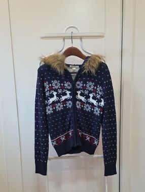 NWT Aeropostale Navy Zip-Up Holiday Cardigan with Faux Fur Hood